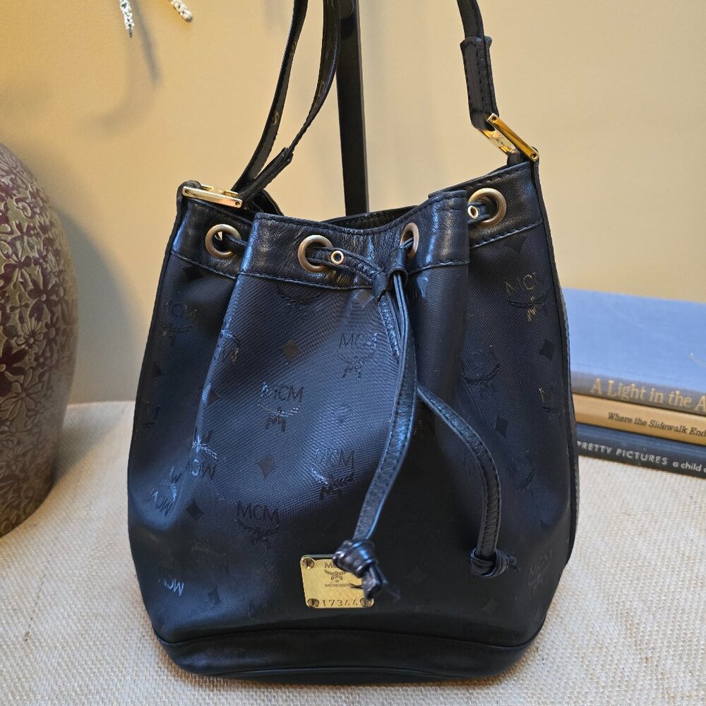 EUC MCM Black Nylon Drawstring Bucket Bag